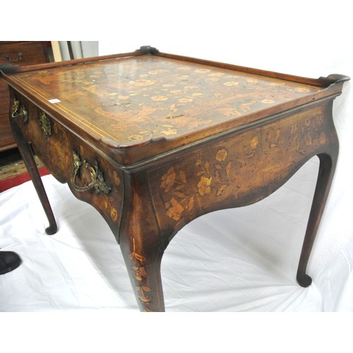 336 - Dutch inlaid kingwood bureau plat with raised borders, shaped frieze drawer with ornate brass handle... 