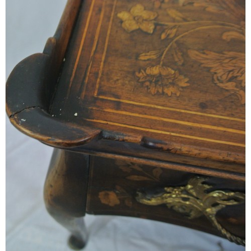 336 - Dutch inlaid kingwood bureau plat with raised borders, shaped frieze drawer with ornate brass handle... 