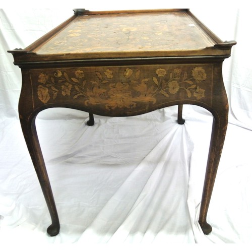 336 - Dutch inlaid kingwood bureau plat with raised borders, shaped frieze drawer with ornate brass handle... 