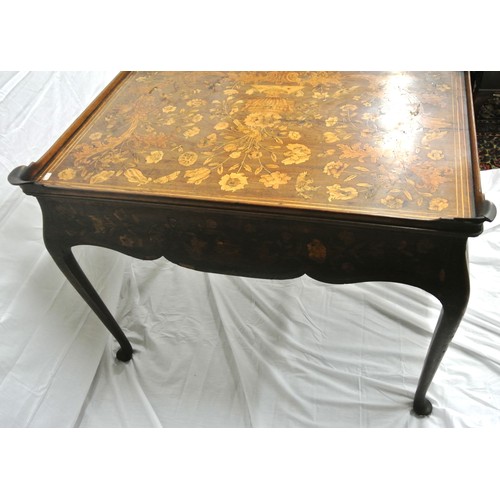 336 - Dutch inlaid kingwood bureau plat with raised borders, shaped frieze drawer with ornate brass handle... 