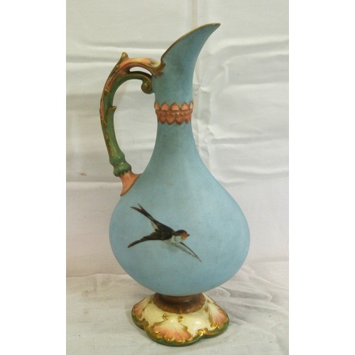 328 - Bohemian oval baluster shaped ewer with bird and foliate gilt decoration, shaped spout and handle, o... 