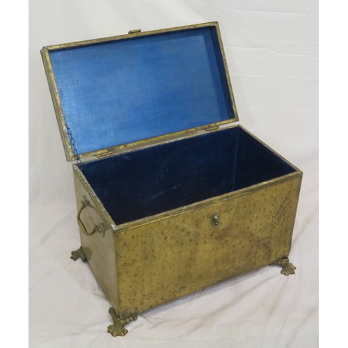 339 - Large brass fuel box with shaped handles and hinges, on claw feet, New base board )