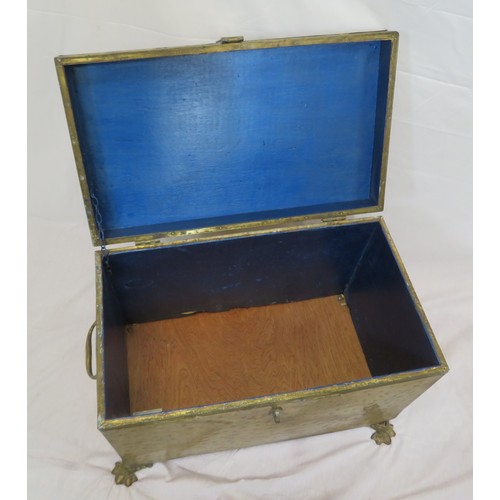 339 - Large brass fuel box with shaped handles and hinges, on claw feet, New base board )