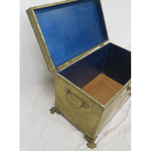 339 - Large brass fuel box with shaped handles and hinges, on claw feet, New base board )