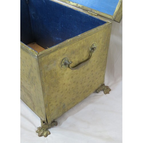 339 - Large brass fuel box with shaped handles and hinges, on claw feet, New base board )