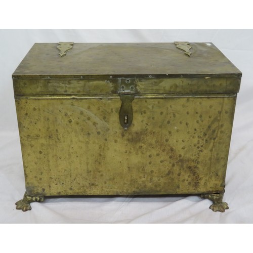 339 - Large brass fuel box with shaped handles and hinges, on claw feet, New base board )