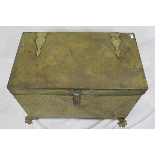 339 - Large brass fuel box with shaped handles and hinges, on claw feet, New base board )