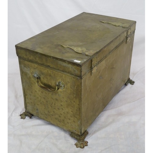 339 - Large brass fuel box with shaped handles and hinges, on claw feet, New base board )