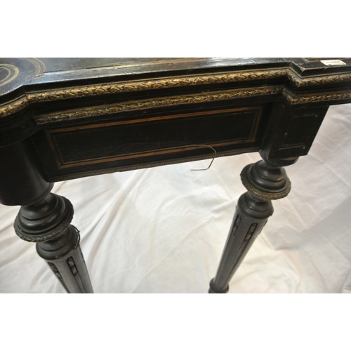 160 - French Empire style ebonised card table with fold-over top, brass inlay, 'dog-ear' candle corners, r... 