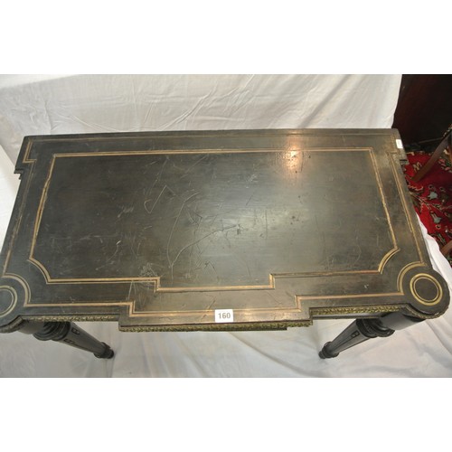 160 - French Empire style ebonised card table with fold-over top, brass inlay, 'dog-ear' candle corners, r... 