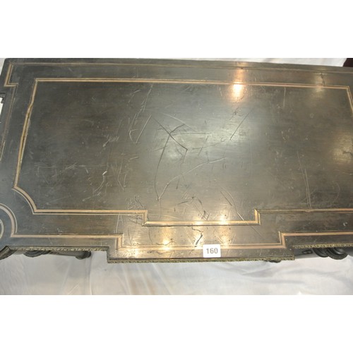 160 - French Empire style ebonised card table with fold-over top, brass inlay, 'dog-ear' candle corners, r... 