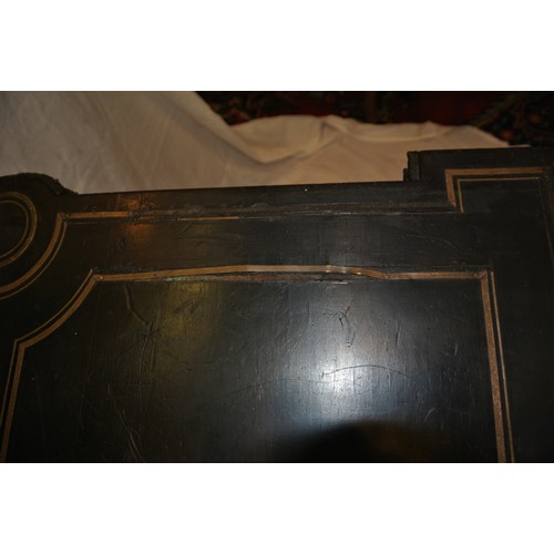 160 - French Empire style ebonised card table with fold-over top, brass inlay, 'dog-ear' candle corners, r... 