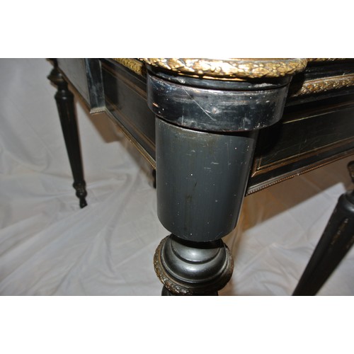 160 - French Empire style ebonised card table with fold-over top, brass inlay, 'dog-ear' candle corners, r... 