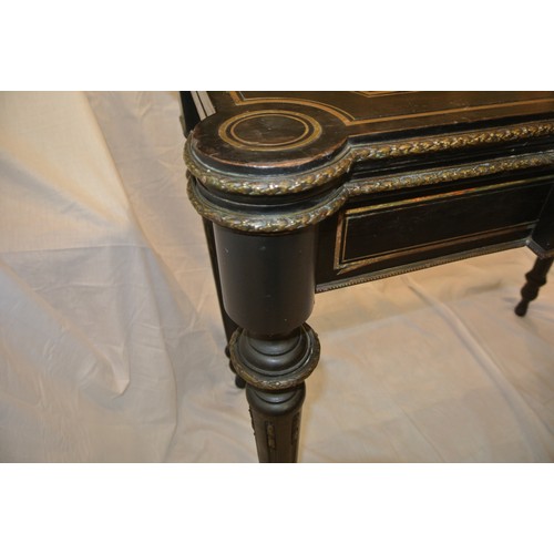 160 - French Empire style ebonised card table with fold-over top, brass inlay, 'dog-ear' candle corners, r... 