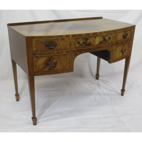 145 - Edwardian inlaid & crossbanded mahogany bow fronted sideboard or desk with three frieze drawers, two... 