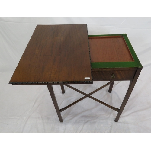 169 - Edwardian mahogany card table with swivel fold-over top, decorated border, frieze drawer, on square ... 