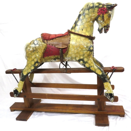 286 - Edwardian painted rocking horse with upholstered saddle & bridle, on timber base, by J Collinson & S... 