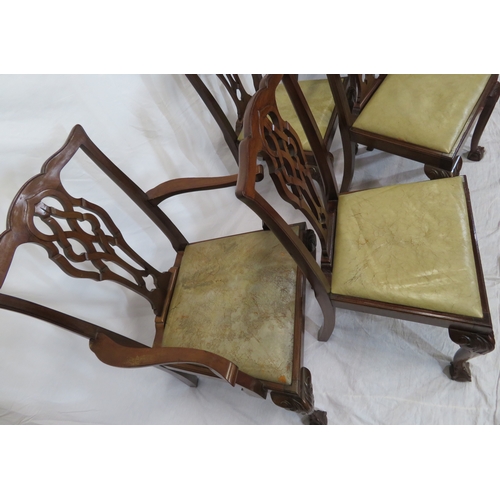 367 - Set of six Chippendale style dining chairs with pierced wheatsheaf splats, drop-in seats, on scroll ... 