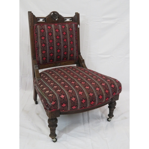 387 - Victorian mahogany ladies chair with pierced carved decoration, foliate upholstery, on turned legs