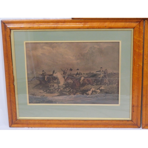 23 - Victorian school 'Hunting scenes' set of 3 maple framed prints 40x60cm each