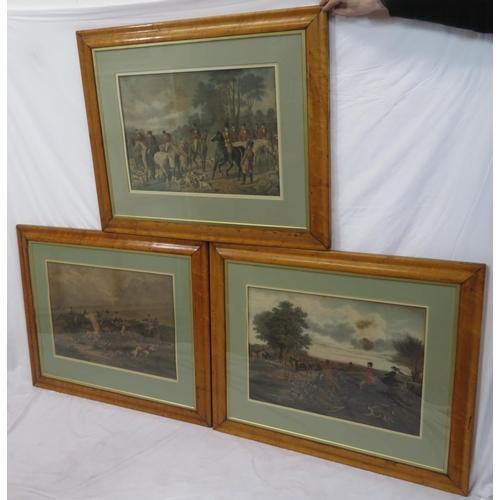 23 - Victorian school 'Hunting scenes' set of 3 maple framed prints 40x60cm each