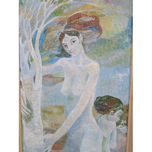 26 - Singh 'Lady and child by a river' oil on board 70x40cm signed