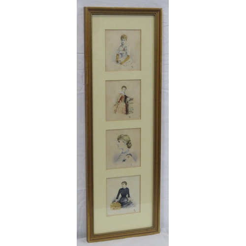 30 - English school 'Portraits of 4 Victorian ladies' watercolours 10x11cm each, framed as one