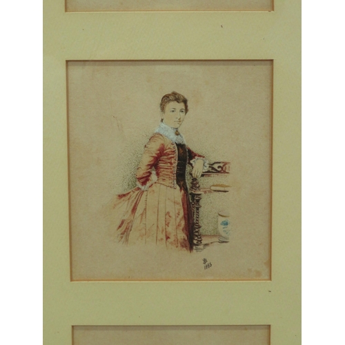 30 - English school 'Portraits of 4 Victorian ladies' watercolours 10x11cm each, framed as one