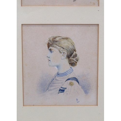 30 - English school 'Portraits of 4 Victorian ladies' watercolours 10x11cm each, framed as one