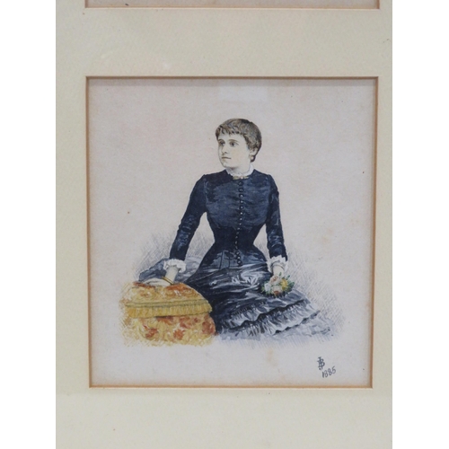 30 - English school 'Portraits of 4 Victorian ladies' watercolours 10x11cm each, framed as one