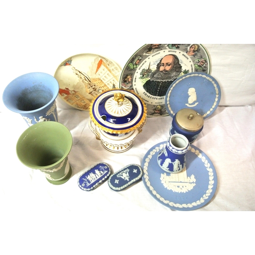 105 - Misc. lot: Wedgewood Jasper ware, Doulton plaque, French plaque, Worcester vase, etc in box