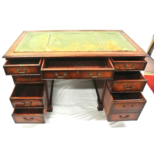 115 - Edwardian style pedestal desk with leatherette inset, 9 drawers with drop handles, on  bracket feet