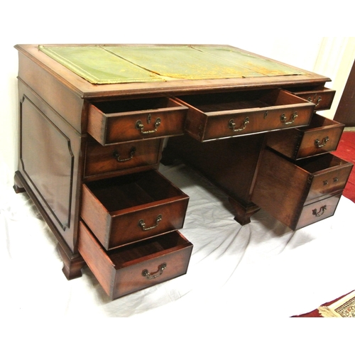 115 - Edwardian style pedestal desk with leatherette inset, 9 drawers with drop handles, on  bracket feet