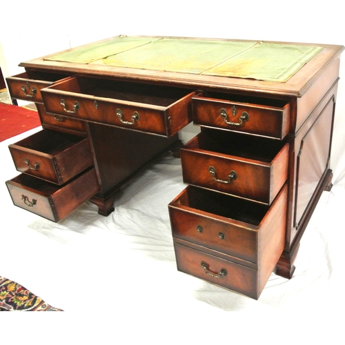 115 - Edwardian style pedestal desk with leatherette inset, 9 drawers with drop handles, on  bracket feet