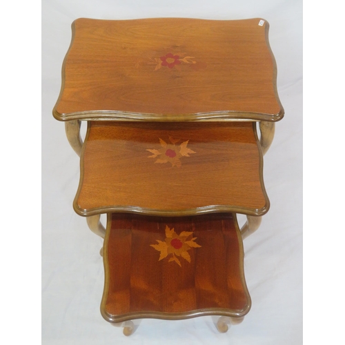 121 - Edwardian design nest of 3 foliate inlaid tables with cabriole legs