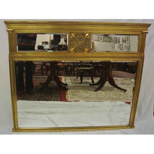 129 - Regency design gilt framed overmantle with bevelled mirror insets, foliate and beaded decoration