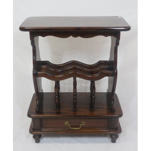 134 - Two tier Canterbury table with frieze drawer, brass drop handle, on turned legs