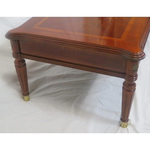 141 - Edwardian design inlaid oblong occasional table with shaped corners, on turned tapering legs