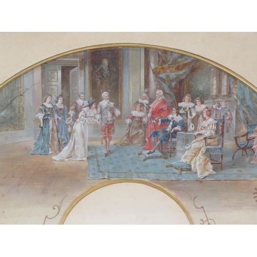 15 - Cecille Cheneviere 'His Majestys court' fan shaped watercolour 20x44cm