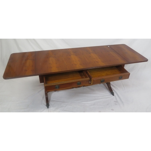 154 - Edwardian design inlaid yew sofa style coffee table with reeded borders, drop leaves, pull-out suppo... 