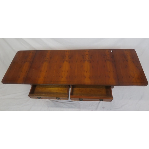 154 - Edwardian design inlaid yew sofa style coffee table with reeded borders, drop leaves, pull-out suppo... 