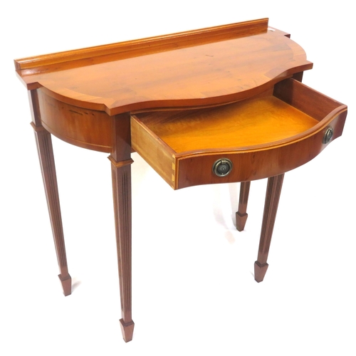 159 - Edwardian design serpentine fronted yew hall or side table with shaped drawer, reeded tapering legs ... 