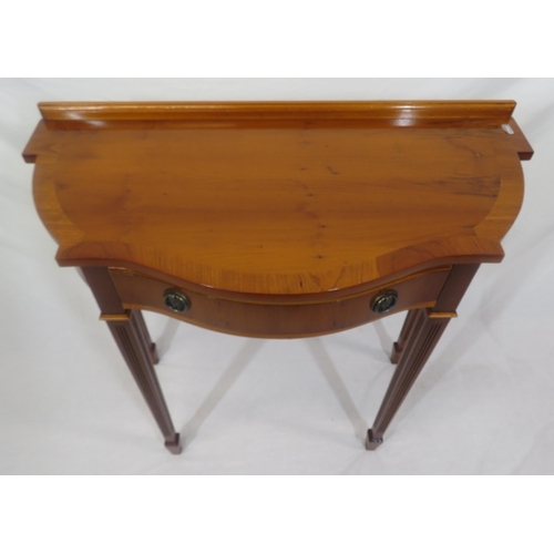 159 - Edwardian design serpentine fronted yew hall or side table with shaped drawer, reeded tapering legs ... 