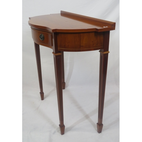 159 - Edwardian design serpentine fronted yew hall or side table with shaped drawer, reeded tapering legs ... 