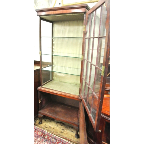 160 - Edwardian walnut and mahogany display cabinet with glazed door, sides and shelving, press under with... 