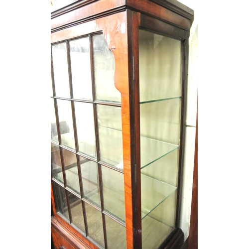 160 - Edwardian walnut and mahogany display cabinet with glazed door, sides and shelving, press under with... 