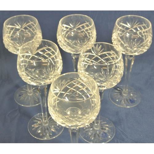 163 - Set of 6 Wedgewood Galway crystal cut-glass hock glasses with hexagonal stems on round bases