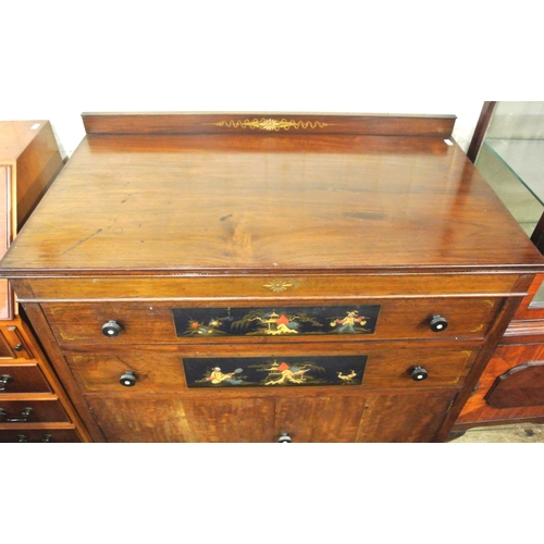 170 - Edwardian mahogany cabinet with 2 drawers, press under, Oriental figured panels, on reeded bun feet