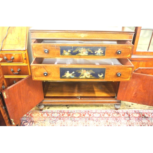 170 - Edwardian mahogany cabinet with 2 drawers, press under, Oriental figured panels, on reeded bun feet