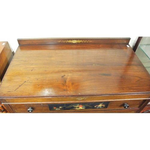 170 - Edwardian mahogany cabinet with 2 drawers, press under, Oriental figured panels, on reeded bun feet